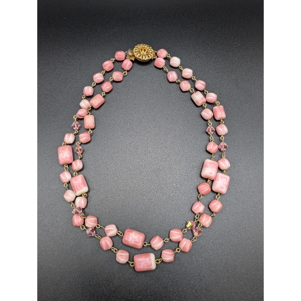 Vintage Pink Glass Bead Princess Necklace Double Strand Gold Tone Box Clasp